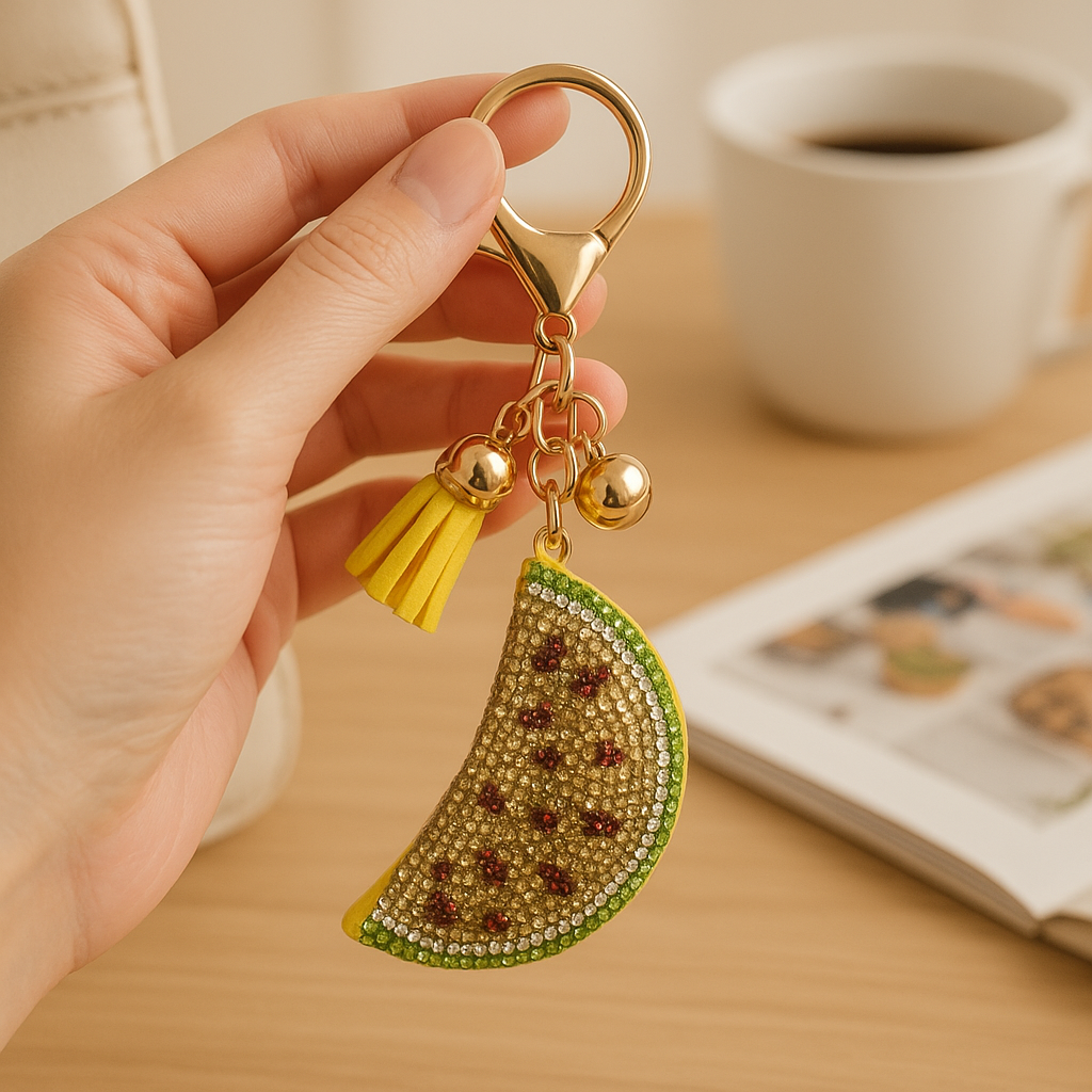 Luxury Rhinestone Fruit Slice Keychain – Watermelon Charm with Tassel and Gold Hardware