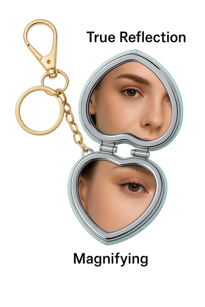Heart-Shaped Compact Mirror Keychain – Double-Sided Mini Makeup Mirror with Gold Keyring