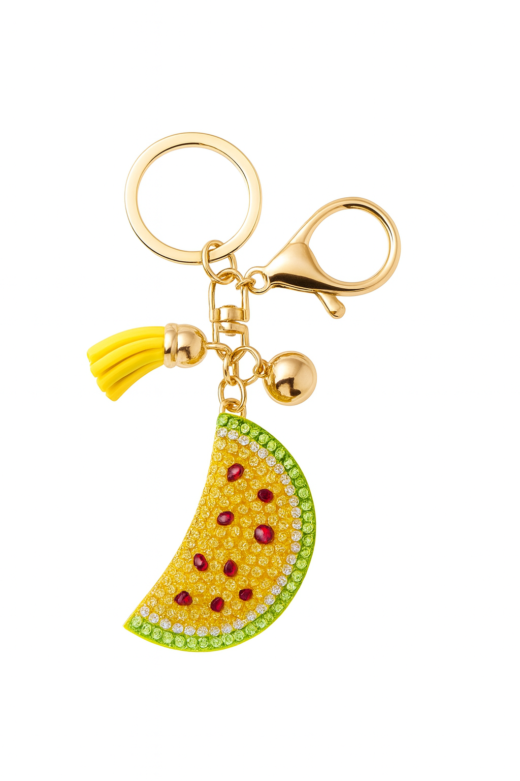 Luxury Rhinestone Fruit Slice Keychain – Watermelon Charm with Tassel and Gold Hardware