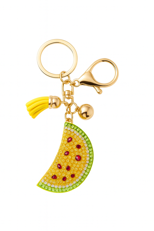 Luxury Rhinestone Fruit Slice Keychain – Watermelon Charm with Tassel and Gold Hardware