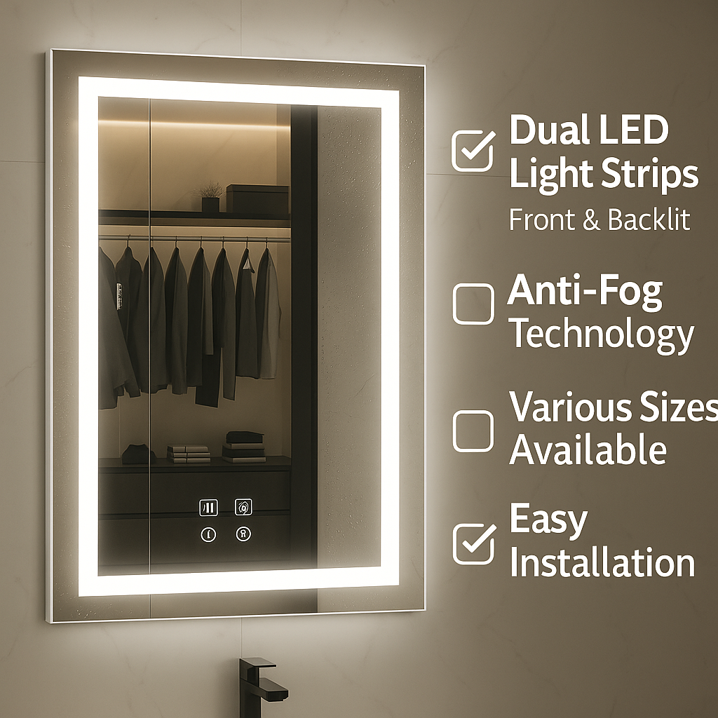 Smart LED Wall Mounted Vanity Mirror with Bluetooth, Anti-Fog, Front + Back Light — Multiple Sizes Available