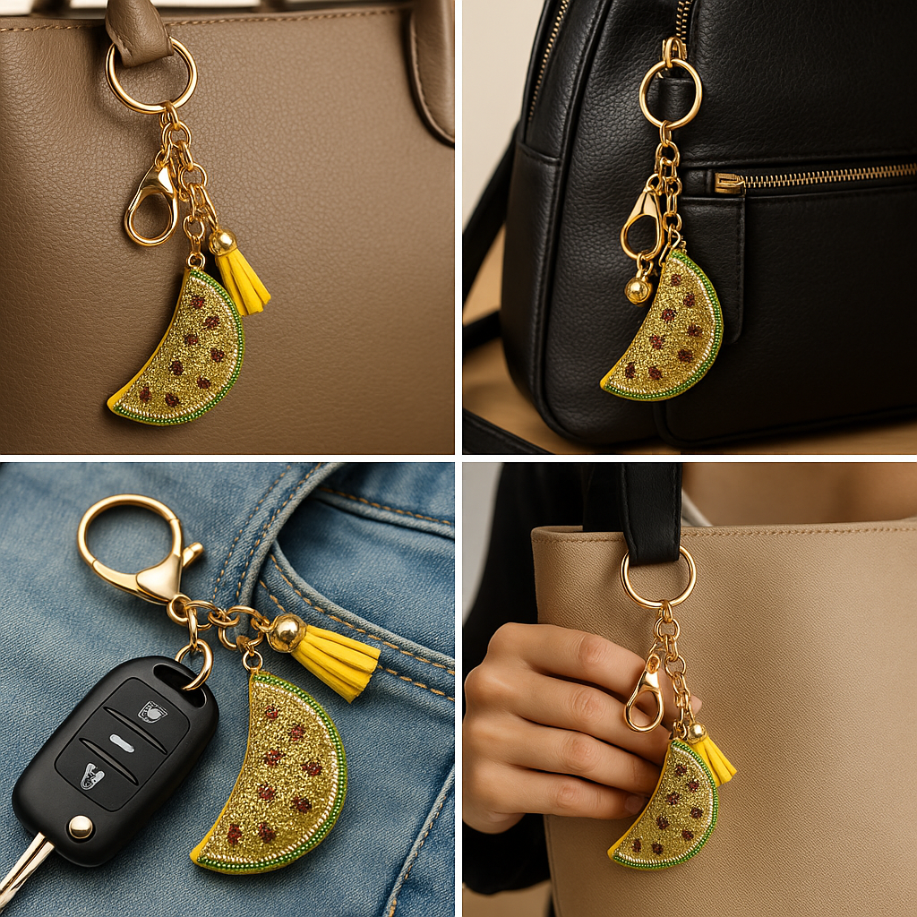 Luxury Rhinestone Fruit Slice Keychain – Watermelon Charm with Tassel and Gold Hardware