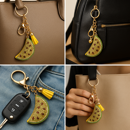 Luxury Rhinestone Fruit Slice Keychain – Watermelon Charm with Tassel and Gold Hardware