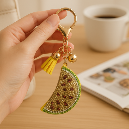 Luxury Rhinestone Fruit Slice Keychain – Watermelon Charm with Tassel and Gold Hardware