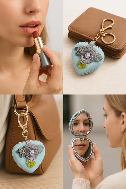 Heart-Shaped Compact Mirror Keychain – Double-Sided Mini Makeup Mirror with Gold Keyring