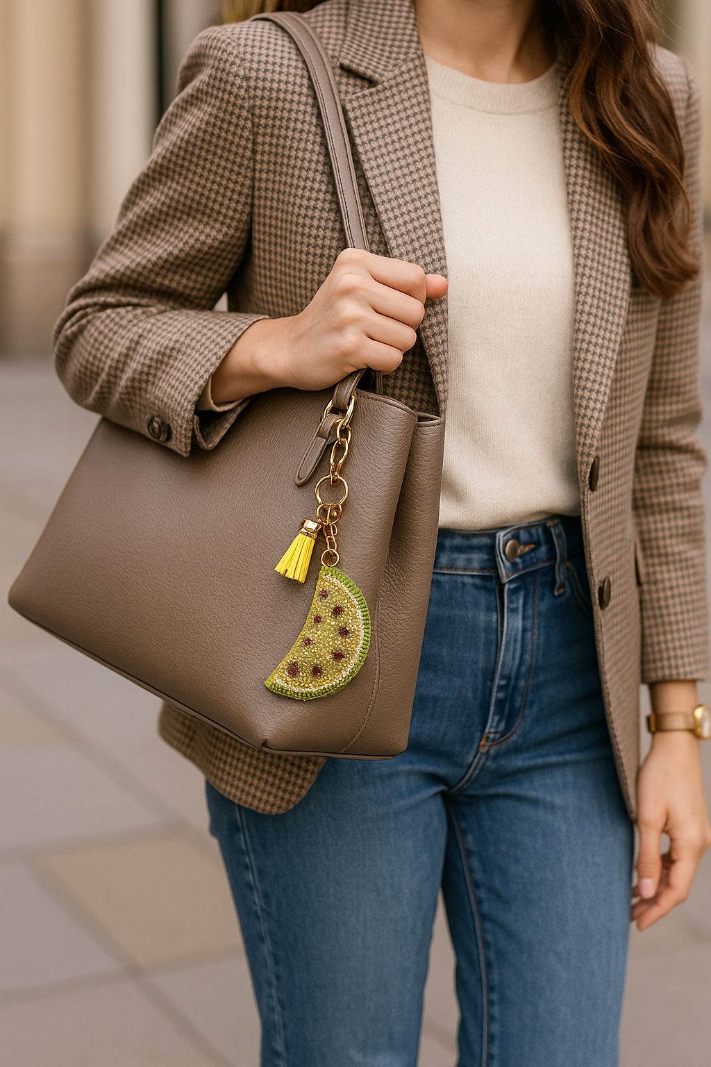 Luxury Rhinestone Fruit Slice Keychain – Watermelon Charm with Tassel and Gold Hardware